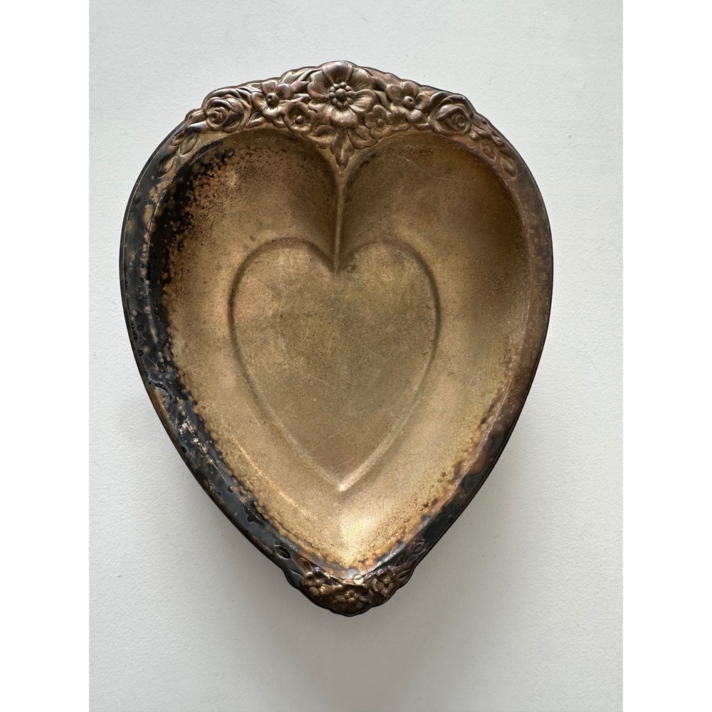 Vintage International Silverplate Heart Trinket Dish Floral Embossed Patina